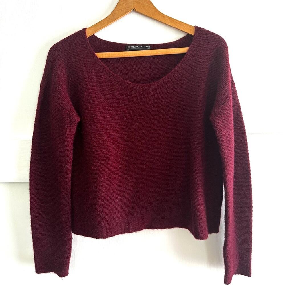 Peruvian Connection Maroon Scoop Neck Cropped Long sleeve Alpaca Sweater Small